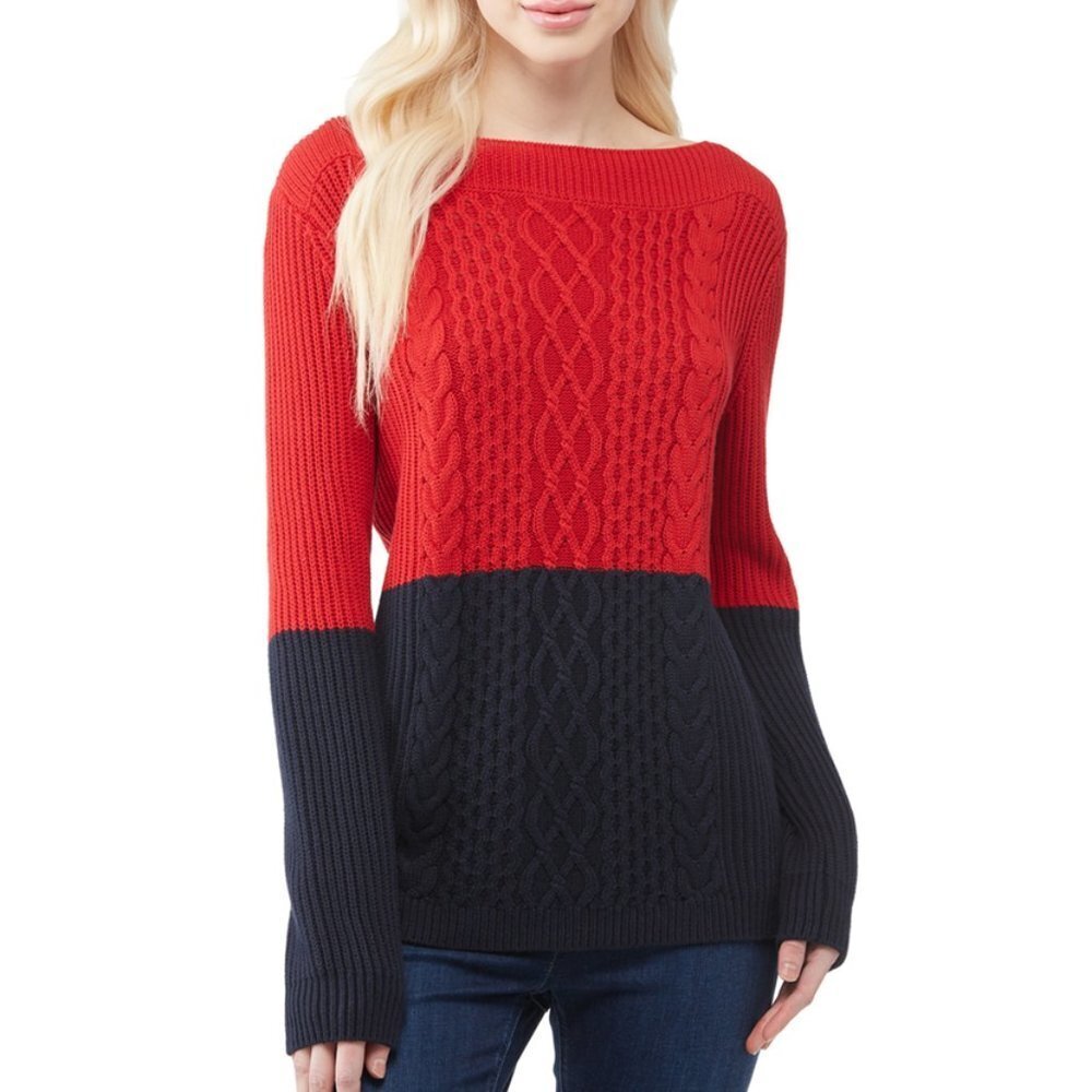TOMMY HILF. Cate Boat Neck Red Navy Color Block Cable Knit Sweater S